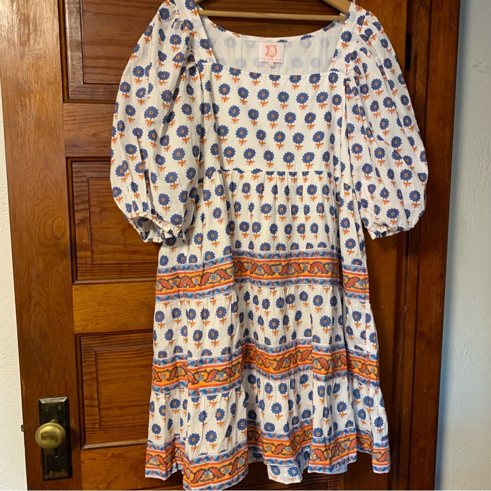 Victoria Dunn White Dress with Blue and Orange Floral Print